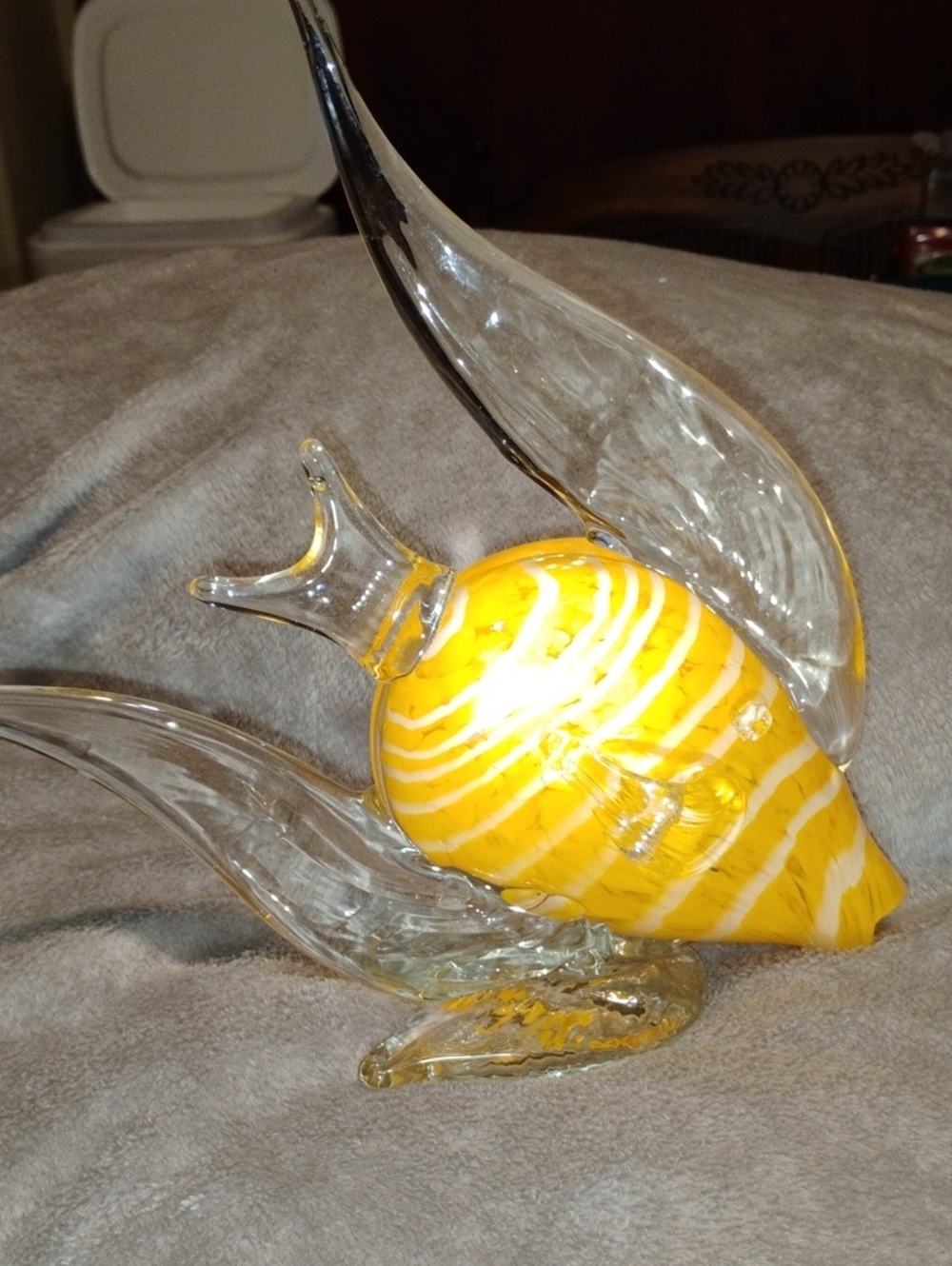 Vintage Murano Style Handblown Yellow Striped Glass Fish Sculpture - Home Art